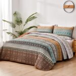 WONGS BEDDING Boho Quilt Set King, Brown Bohemian Quilt Bedding Set, Ultra Soft Lightweight Bed Decor Bedspread for All Season Reversible Microfiber Coverlet Bedding Set 103″x90″(3 Pieces)