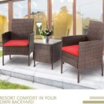 Betterland 3-Piece Patio Bistro Set Outdoor Conversation Set, Brown Wicker Porch Chairs Set Garden Furniture with Coffee Table (Red Cushion)