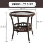 Outdoor Side Table Patio Wicker Coffee Table Outdoor End Table Rattan Bistro Table with Storage & Black Glass Table Top Round for Outside Balcony Porch Backyard Deck Brown