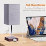 PLMMY Bedside Table Lamp for Bedroom Nightstand, 3 Color Pull Chain Nightstand Lamps Set of 2 with AC Outlets, Square Gray Lampshade Bedside Lamp for Living Room, Office Desk, LED Bulb Included