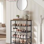 VASAGLE Shoe Rack for Entryway, 5 Tier Shoe Storage Shelves, 16-20 Pairs Shoe Organizer, with Sturdy Wooden Top and Steel Frame, Free Standing, Industrial, Honey Brown and Ink Black ULBS038K01