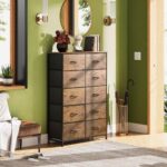 WLIVE Dresser for Bedroom with 10 Fabric Drawers, Tall Organizer Units for Kidsroom, Clothing, Closet, Storage Tower with Cabinet, Metal Frame, Wooden Top, Furniture, Rustic Brown Wood Grain Print