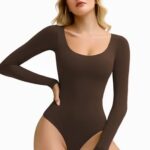 Avidlove Long Sleeve Bodysuit Brown Body Suits for Women Long Sleeve Scoop Neck Bodysuit(Brown,M)