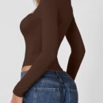 QINSEN Sexy Bodysuit for Women Square Neck High Cut Thong Tops Long Sleeve Shirt Coffee Bean M