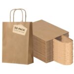 FACEBAG 50-Pack Brown Paper Bags with Handles Bulk, 8×4.25×10.5 Inches,Medium-sized Gift Bags with Handles for Party Favors?Take-Out?Grocery Shopping & Retail?Reusable & Durable