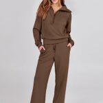 ANRABESS Women 2 Piece Outfits Sweatsuit Oversized Sweatshirt Sweatpants Tracksuit Sweat Lounge Matching Set 2024 Fall Trendy Brown Small