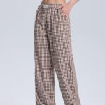 LOMON Women’s Gingham Plaid Wide Leg Pants Cotton Boxers Pajama Lounge Pj Casual Trousers Y2K Flowy Bottoms with Pockets (Coffee White Plaid, M)