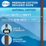 TECEUM Cotton Rope 3/16” (5 mm) – 50 FT – Strong All-Purpose Braided Rope – Natural Cotton – for Crafting, ?amping, Clothes Line, DIY, Indoor & Outdoor Use – Brown