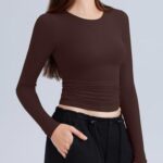 REORIA Long Sleeve Shirts for Women 2024 Fall Fashion Round Neck Basics Y2K Tops Layering Slim Fitted Top Cocoa M