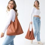 HOXIS Hobo Bags for Women Soft Vegan Leather Shoulder Handbag Slouchy Tote Purses (Orange-brown)