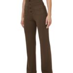 keriffe Women’s Straight Leg Pants High Waisted Button Stretchy Business Work Casual Trousers Multiple Pockets Brown