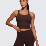 CRZ YOGA Butterluxe Womens Y-Back Racerback Longline Sports Bra – Padded Scoop Neck Workout Crop Tank Top with Built in Pads Hot Fudge Brown X-Large