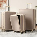 Linique 3 Piece Luggage Sets with ABS+PC Hard Shell, Carry on Luggage with TSA Lock, Cup Holder, USB Port, Suitcase Set with Spinner Wheels, Light Brown (20″/24″/28″)