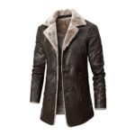 Hatop Men’s Winter Fleece Jacket Sherpa Lined Faux Leather Jacket Warm Outwear Coat with Fur Collar, Brown, X-Large