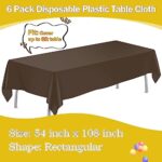 tujol Brown 6 Pack Plastic Table Cloth 54″ x 108″, Disposable Tablecloths Rectangle Table Cover, Plastic Table Cloths for Parties