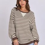 ANRABESS Women Striped Oversized Sweatshirt Long Sleeve Crewneck Shirts 2025 Fall Fashion Pullover Sweater Trendy Clothes Brown White Medium